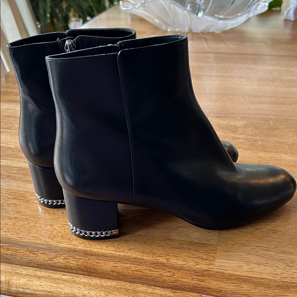 Michael Kors Sabrina Black Leather Ankle Boots with Chain-Trim Heel - Picture 1 of 9